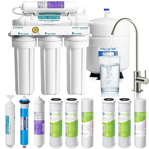 APEC Essence 75 GPD RO water filtration system with 6-stage filters, tank and faucet, extra Stage 1-3 pre-filters
