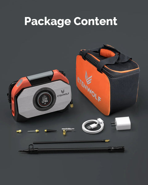 ETENWOLF VORTEX S6 cordless tire inflator with orange carrying case and multiple nozzle attachments