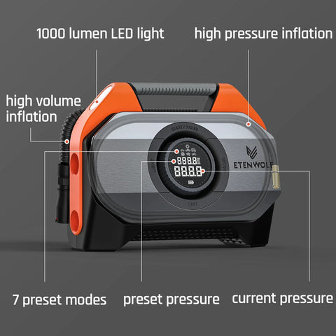 ETENWOLF VORTEX S6 tire inflator portable air compressor, cordless orange unit with digital display