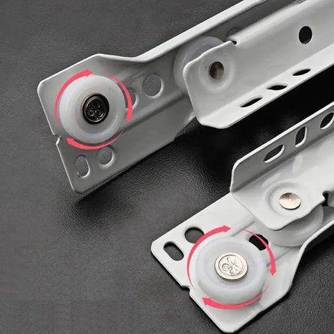 Close-up of 22 Inch Euro Drawer Slides Pack of 8 for Face Frame and Frameless Cabinets, showing wheel and metal construction
