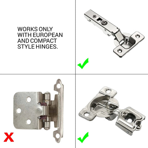Comparison of European, compact style hinges for 10 Pack Rok Hardware Soft Close Damper for Cabinet Doors, polished nickel finish, SCD103.
