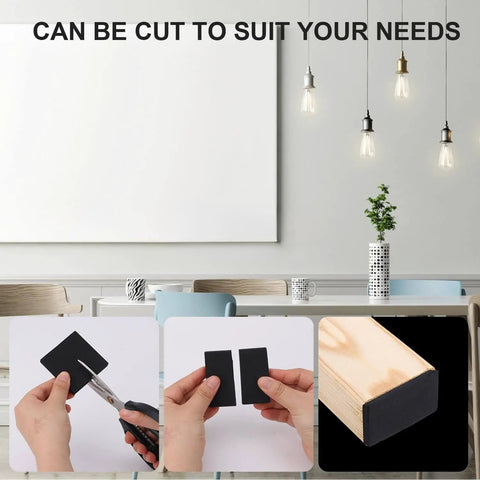 12 Pack EVA Foam Headboard Wall Protectors For Bed Frames Anti Shake Bumpers And Noise Reducers, shown cut to fit, black color