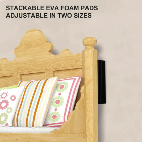 20 Pack Headboard Stoppers For Wall Cushioned EVA Foam Protectors installed behind a wooden bed headboard, stopping movement.