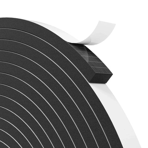 Close-up of 33FT EVA Weather Stripping Door Seal Foam Tape with Adhesive, showing black foam material and mesh adhesive backing.