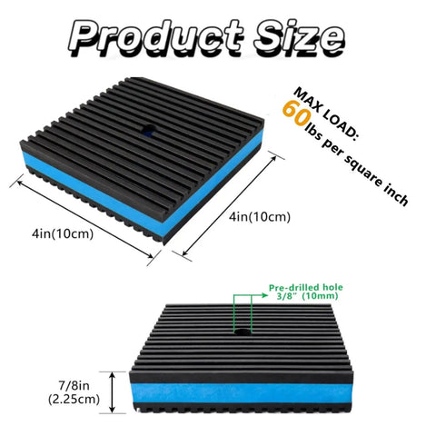 Heavy Duty EVA Rubber Anti Vibration Pads 4 By 4 Inch 7 Eighths Inch Thick 4 Pack For Washing Machine Dryer Compressor Air Conditioner Treadmill Sound Isolation Noise Reduction Floor Protection showing size and weight capacity details.