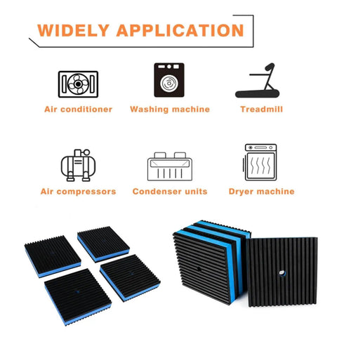 Heavy Duty EVA Rubber Anti Vibration Pads 4 By 4 Inch 7 Eighths Inch Thick 4 Pack For Washing Machine Dryer Compressor Air Conditioner Treadmill Sound Isolation Noise Reduction Floor Protection shown with applications