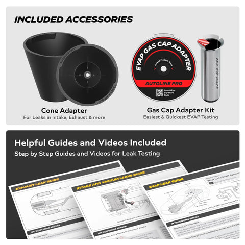 HyperSmoke Automotive Smoke Machine accessories, including cone adapter, gas cap adapter, and leak testing guides.