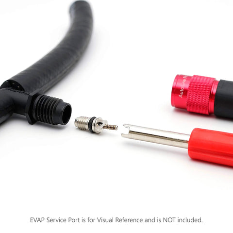 AutoLine Pro EVAP service port adapter kit components: metal port, O-ring, valve tool, red tester fitting and black hose.
