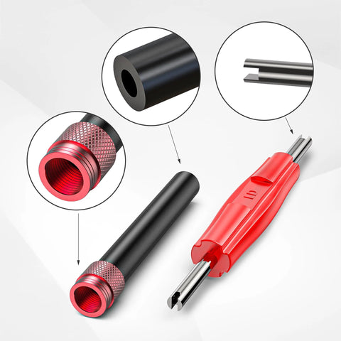 EVAP service port adapter kit set: red knurled aluminum connector, valve removal tool, and black sleeve.