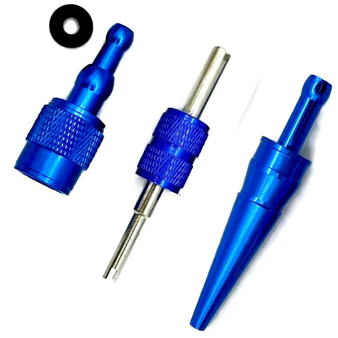 Three blue metal EVAP service port adapters with Schrader tool for automotive smoke testing