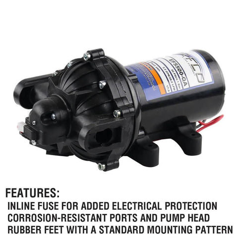 Side view of Everflo 12V On-Demand Diaphragm Sprayer Pump - 5.5GPM, 60 PSI with quick attach ports, featuring inline fuse and rubber feet.