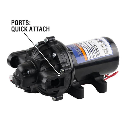 Everflo 12V On-Demand Diaphragm Sprayer Pump - 5.5GPM, 60 PSI, close-up view showcasing quick attach ports and black manifold