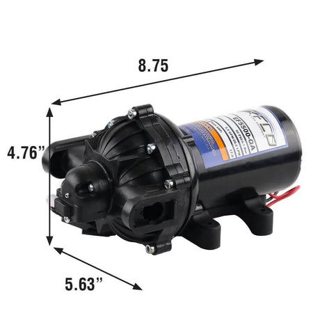 Everflo 12V On-Demand Diaphragm Sprayer Pump - 5.5GPM, 60 PSI, with labeled dimensions and quick attach ports