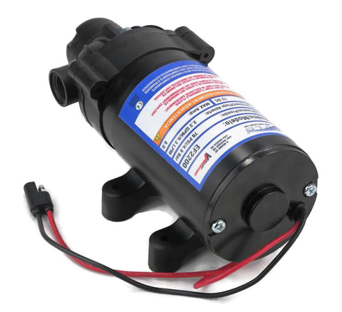 OEM Everflo 2.2 GPM, 12 Volt, 70 PSI, Diaphragm Pump EF2200 with 3/8" NPT ports, close-up view showing wiring and label details.
