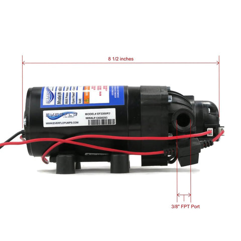Side view of OEM Everflo 2.2 GPM, 12 Volt, 70 PSI, Diaphragm Pump EF2200, showing 3/8" FPT port and dimensions.