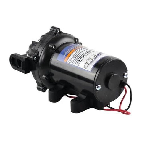 Everflo 12V On-Demand Diaphragm Sprayer Pump - 5.5GPM, 60 PSI, Quick Attach Ports, black, side view of pump on white background