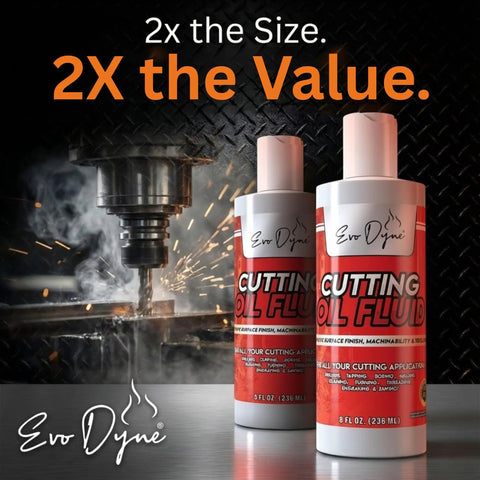 Industrial Grade Cutting Oil For Drilling Tapping And Milling 8 Oz Made In USA Safe On Metal And Glass Quality Fluid For Stainless Steel Titanium And All Metals Evo Dyne Engineered To Lubricate Cut And Cool Under High Pressure For CNC And Manual Machines, two bottles labeled Evo Dyne Cutting Oil Fluid next to a CNC machine.