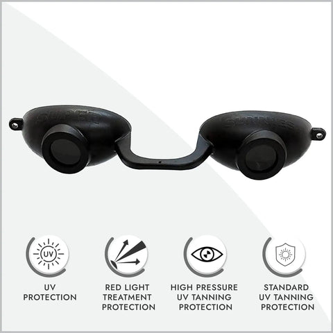 Evo Flexible Tanning Bed Goggles for UV Eye Protection and Red Light Therapy with black flexible eyecups and safety icons.
