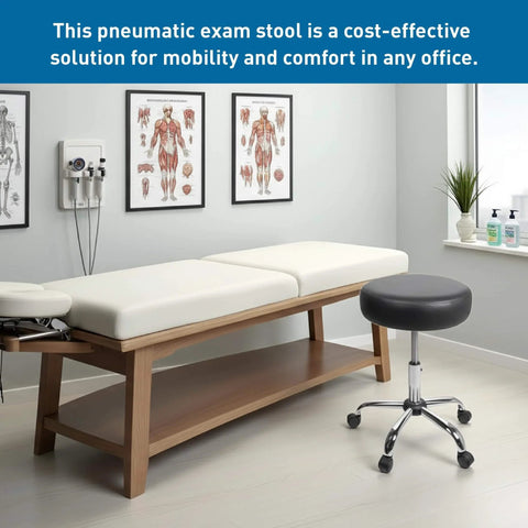 Rolling Exam Stool with Wheels, 18.5 Inch to 25 Inch Adjustable Height for Dentists, Spas, & Healthcare Environments, 5 Casters, Easy Assembly, Black in clinic setting.