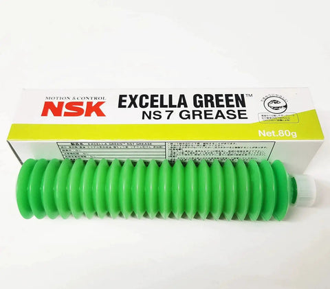 Excella Green NS7 Low Torque Synthetic Grease for High Speed Linear Guides and Ball Screws 80g tube with box, green in color.