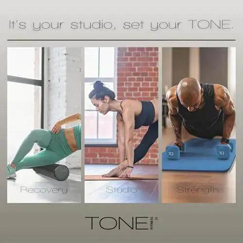 Three panels showing fitness activities: woman stretching on a roller, yoga pose, man doing push-ups