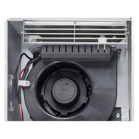 Radiance 80 CFM Exhaust Bathroom Fan With Quiet Operation And Built In Thermostat Heater, Energy Efficient Brushless DC Motor Delivers Ultra Low Noise And Long Lifespan From Delta Breez shown from above, highlighting internal components.