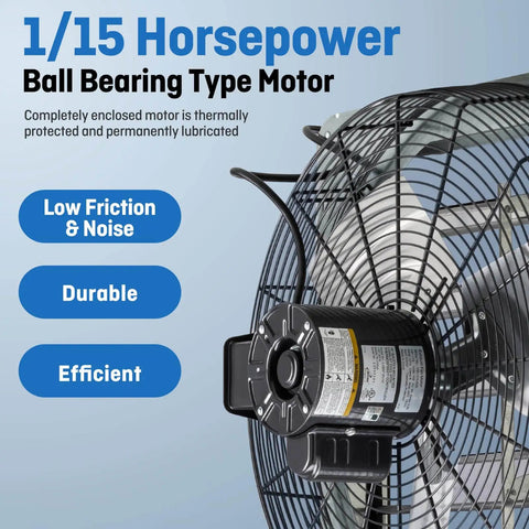 Close-up of motor on the 18 Inch Wall Mounted Shutter Exhaust Fan With Automatic Shutter, Thermostat, And Variable Speed Controller Delivers Beefy 1736 CFM Airflow For Up To 2600 Sq Ft, 0.85A, 115V, Silver
