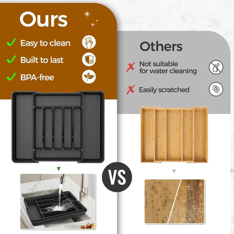 Comparison of BPA-free silverware organizer with expandable panels versus wooden alternative, highlighting durability and easy cleaning.
