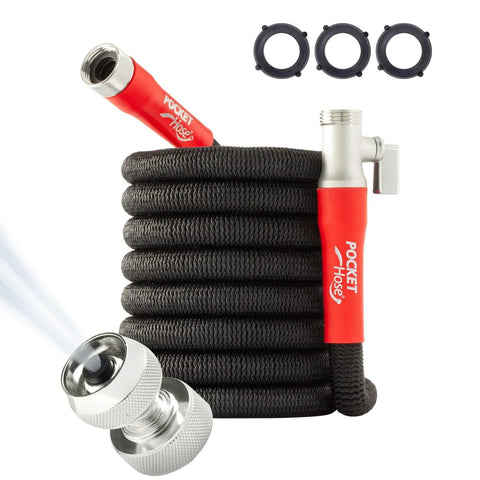 Pocket Hose 50 ft expandable garden hose with red Turbo Shot nozzle and metal connectors; three adapters shown