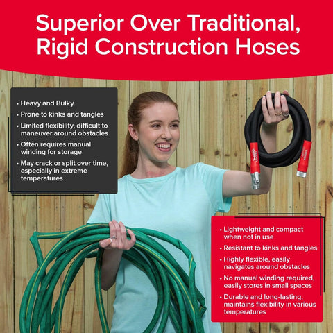 Pocket Hose 50 ft expandable garden hose with Turbo Shot nozzle; black hose with red connectors held by a woman.