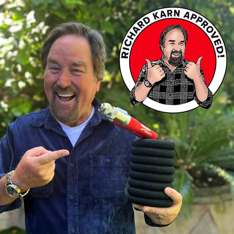Pocket Hose 50 ft expandable garden hose with Turbo Shot nozzle, black coil hose, Richard Karn Approved logo.