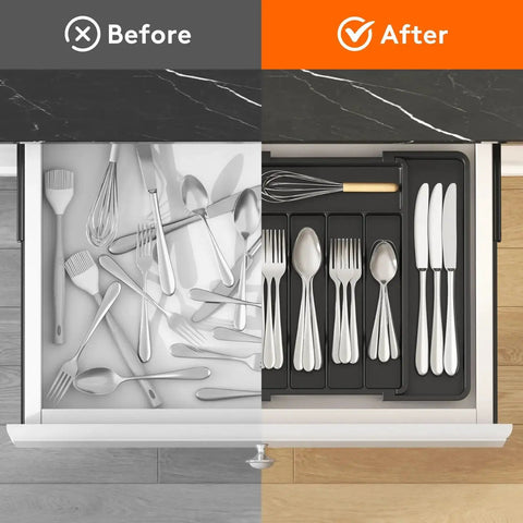 Effortlessly organize kitchen drawers with an expandable silverware organizer that stretches from 8.5 to 14 inches, showcasing before and after drawer organization.