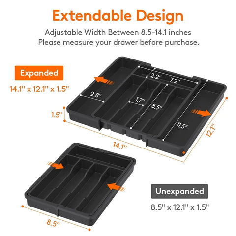Effortlessly organize kitchen drawers with an expandable silverware organizer that stretches from 8.5 to 14 inches.