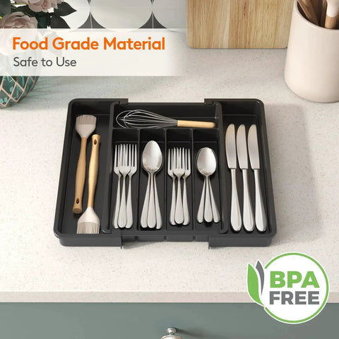 Effortlessly organize kitchen drawers with an expandable silverware organizer that stretches from 8.5 to 14 inches, featuring adjustable compartments for forks, spoons, and knives, BPA-free plastic, keeping flatware neatly separated and easy to reach.