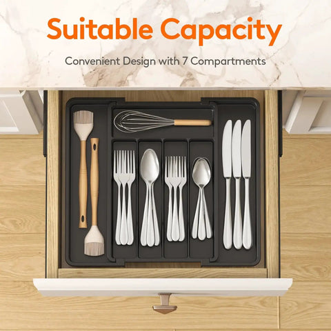 Effortlessly organize kitchen drawers with an expandable silverware organizer that stretches from 8.5 to 14 inches, featuring adjustable compartments for forks, spoons, and knives, BPA-free plastic, keeping flatware neatly separated and easy to reach.