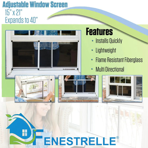 Expandable Window Screen Pack of 2 With Flame Resistant Fiberglass Mesh, Adjustable From 21 To 40 Inches Wide And 15 Inches High