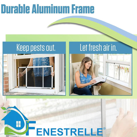 Expandable Window Screen Pack of 2 With Flame Resistant Fiberglass Mesh, woman installing screen in double hung window