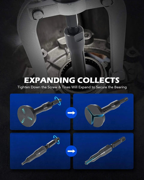 Blind Hole Collet Bearing Race and Seal Puller Extractor Kit demonstrating expanding collects mechanism, slide hammer pilot insert.