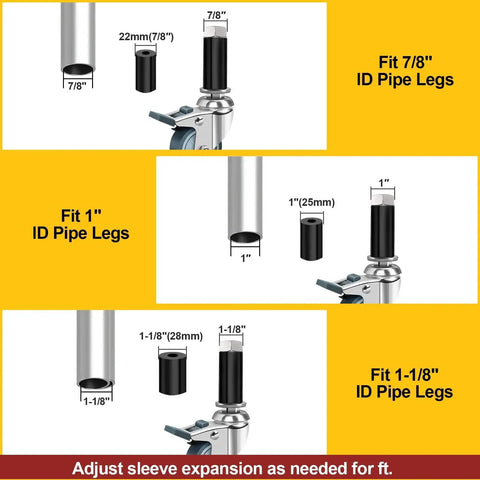 Diagram of 3 Inch Expanding Stem Caster Wheels Set Of 4 For Prep Tables showing compatibility with different pipe leg sizes.