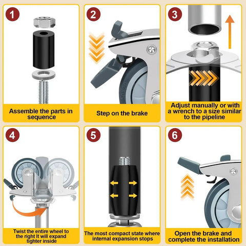 Installation steps for using 3 Inch Expanding Stem Caster Wheels Set Of 4 For Prep Tables Heavy Duty Casters With Locking Brake