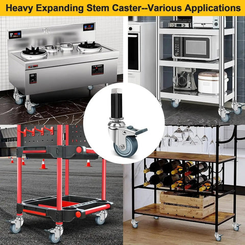 3 Inch Expanding Stem Caster Wheels Set Of 4 For Prep Tables Heavy Duty Casters With Locking Brake Fits Seven Eighth Inch One Inch And One Eighth Inch Stainless Steel Legs Ideal For Workbenches Utility Carts Wire Shelving And Industrial Furniture used on various equipment