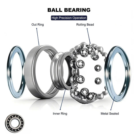 Exploded view of 20 Pack Double Shielded Miniature Ball Bearings 3x6x2.5mm showing out ring, inner ring, rolling bead, metal sealed