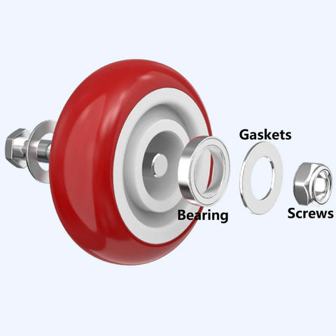 Exploded view of Heavy Duty Swivel Caster Wheels Set of 4 with Dual Locking Brakes showing bearings, gaskets, and screws.