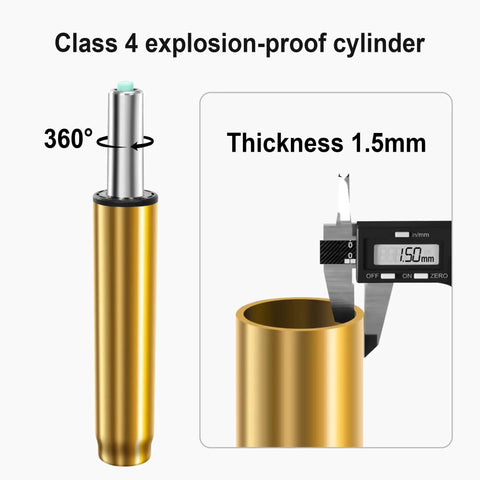 Metal Base Replacement Set For Office And Gaming Chairs With Bottom Plate Stand Cylinder And Five Durable Rubber Caster Wheels Designed For Heavy Duty Stable Gold Tone Base Smooth Quiet Rolling With Precision Bearings And Universal Fit Easy Install featuring a gold tone class 4 explosion-proof cylinder with 1.5mm thickness measurement.