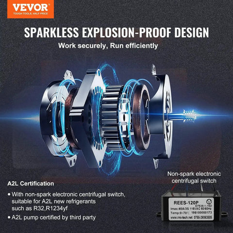 Powerful 5 CFM Two Stage Rotary Vane Vacuum Pump With Sparkless Motor for HVAC and Auto Repair, A2L certification, VEVOR