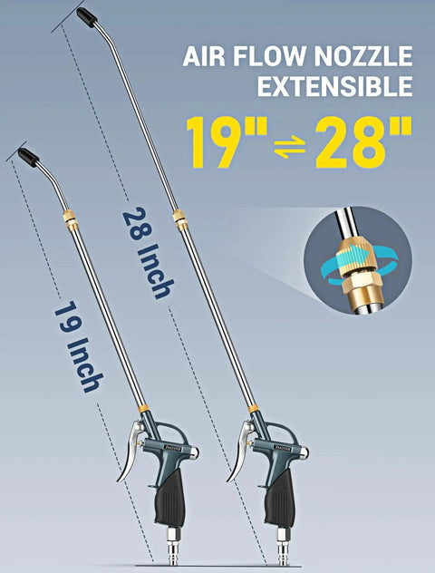 Extendable air blow gun with a 19 to 28 inch nozzle, all metal body and rubber grip for dust and debris removal
