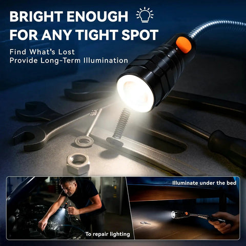 Extendable Magnetic Flashlight with Telescoping Magnet Pickup Tool illuminating tools in dark workspace