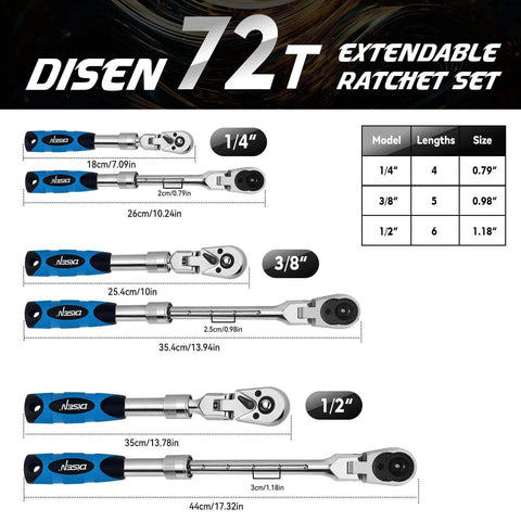 DISEN 72T extendable ratchet set with size chart and tool length specifications, showing 1/4, 3/8, and 1/2 inch models.