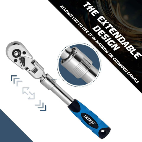 Extendable ratchet wrench with blue handle, showcasing extendable design suitable for narrow spaces.