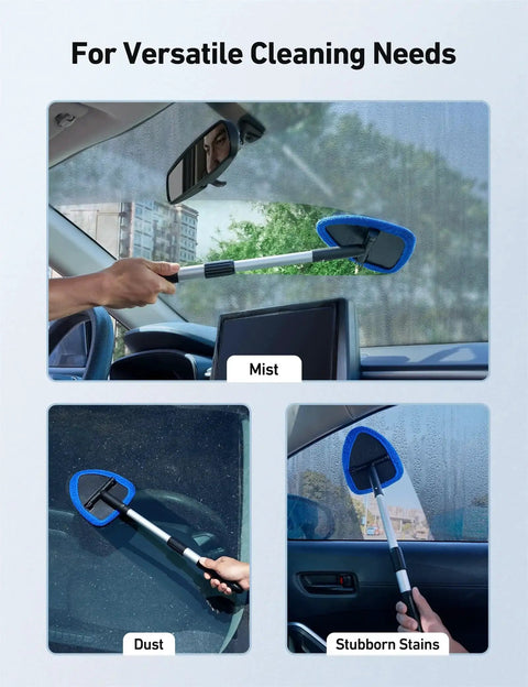 Windshield Cleaning Tool With Extendable Handle And Microfiber Pad Set For Auto Glass And Car Interior Detailing Reusable Wiper Brush Kit Includes Four Pads Blue 21 Inch Reach For Easy Car And Home Cleaning